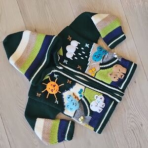Peruvian Hand Knit Applique Embroidered‎ Animal Wool Blend Sweater 12-24 Months